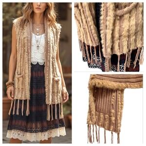 Sisters Genuine Rabbit‎ Fur Knit Vest Tan Boho Lagenlook Fringe Grandmacore Sz M